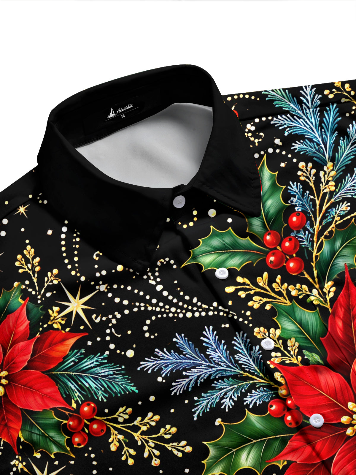 Adaychic Men's Hawaiian Christmas Poinsettia And Holly Print Long Sleeve Shirt with Chest Pocket