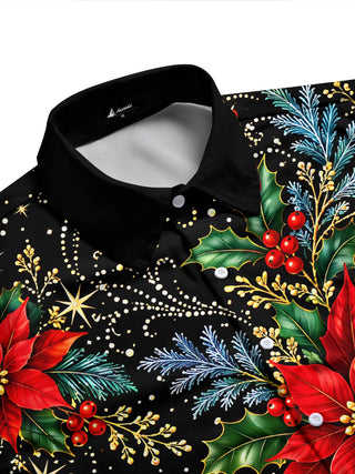 Adaychic Men's Hawaiian Christmas Poinsettia And Holly Print Long Sleeve Shirt with Chest Pocket