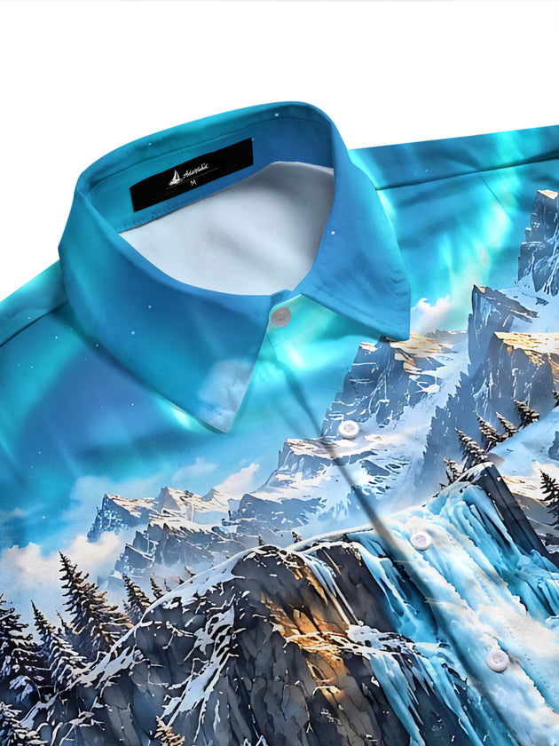 Adaychic Men's Long Sleeve Shirt - Snowy Mountain Landscape With Ice Waterfall Print with Chest Pocket