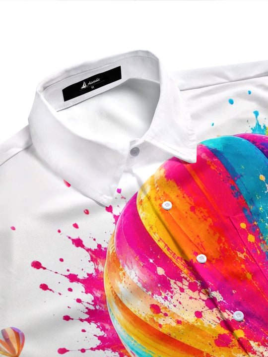 Adaychic Men's Hawaiian Colorful Hot Air Balloon Print Short Sleeve Shirt with Chest Pocket