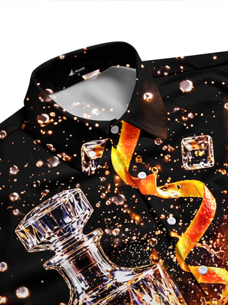 Adaychic Men's Short Sleeve Stand Collar Shirt - Whiskey Decanter And Glasses With Ice Cubes Print with Chest Pocket