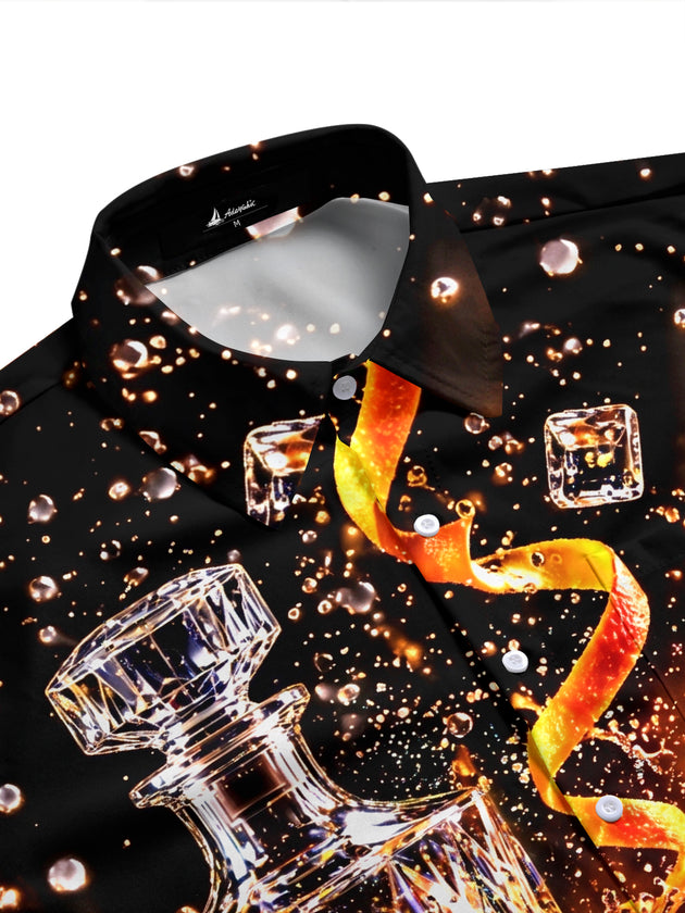 Adaychic Men's Short Sleeve Stand Collar Shirt - Whiskey Decanter And Glasses With Ice Cubes Print with Chest Pocket