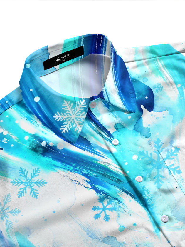Adaychic Men's Abstract Watercolor Waves And Snowflakes Print Long Sleeve Shirt with Chest Pocket