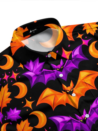 Adaychic Men's Halloween Bats And Crescent Moons Print Short Sleeve Shirt with Chest Pocket