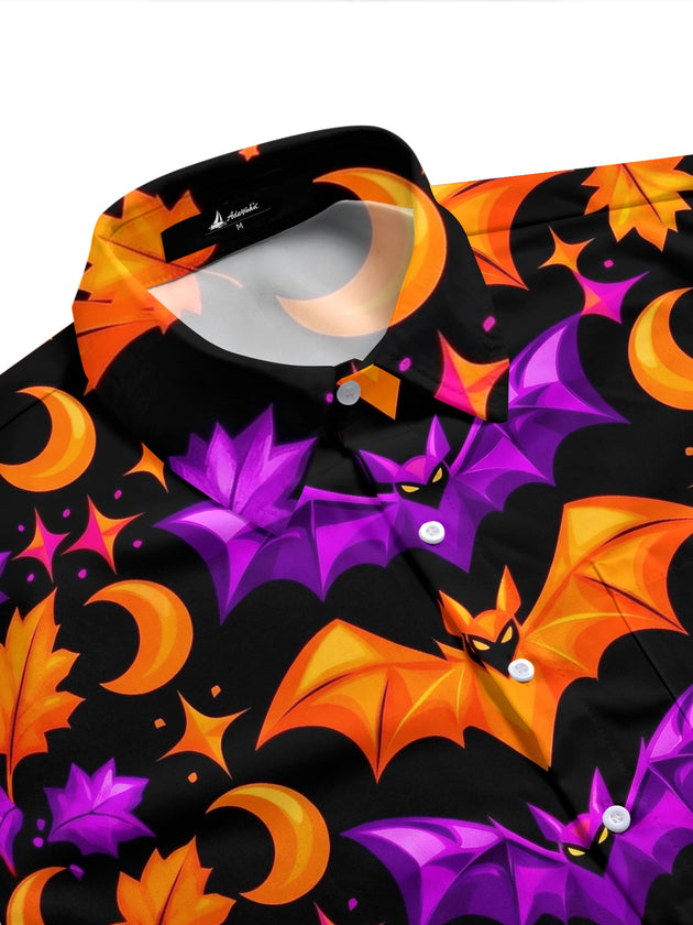 Adaychic Men's Halloween Bats And Crescent Moons Print Short Sleeve Shirt with Chest Pocket