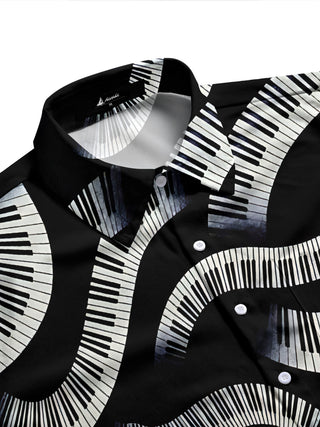 Adaychic Men's Graphic Wavy Piano Keys Print Long Sleeve Shirt with Chest Pocket