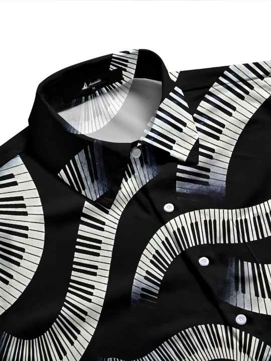 Adaychic Men's Graphic Wavy Piano Keys Print Long Sleeve Shirt with Chest Pocket