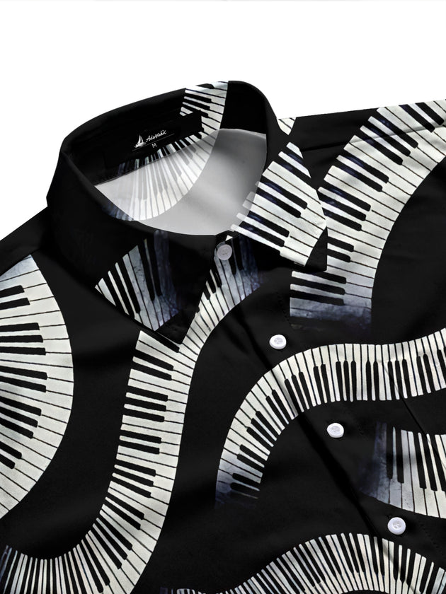 Adaychic Men's Graphic Wavy Piano Keys Print Long Sleeve Shirt with Chest Pocket