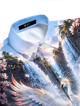 Adaychic Men's Hawaiian White Crane Print Short Sleeve Shirt with Chest Pocket