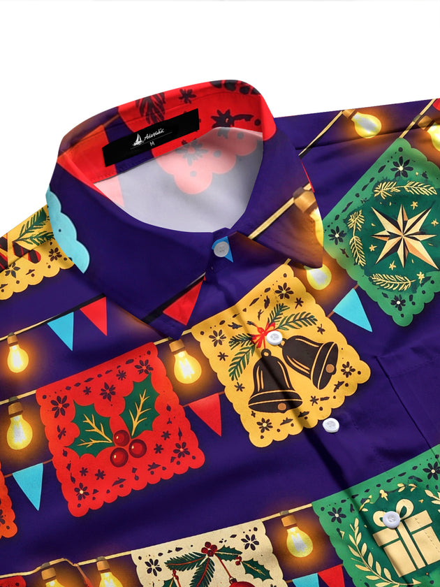 Adaychic Men's Long Sleeve Shirt - Christmas Paper-cutting Flags And String Lights Print with Chest Pocket