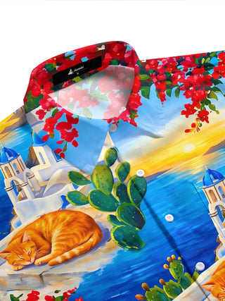 Adaychic Men's Hawaiian Santorini Scenery Print Short Sleeve Shirt with Chest Pocket