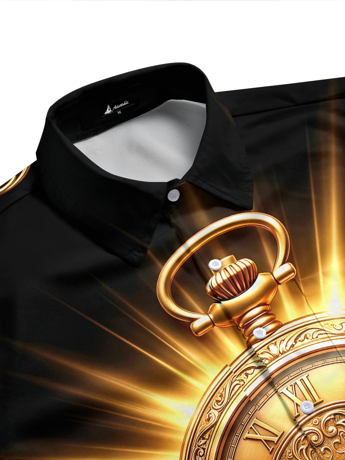 Adaychic Men's Vintage Style Golden Pocket Watch Print Short Sleeve Shirt with Chest Pocket