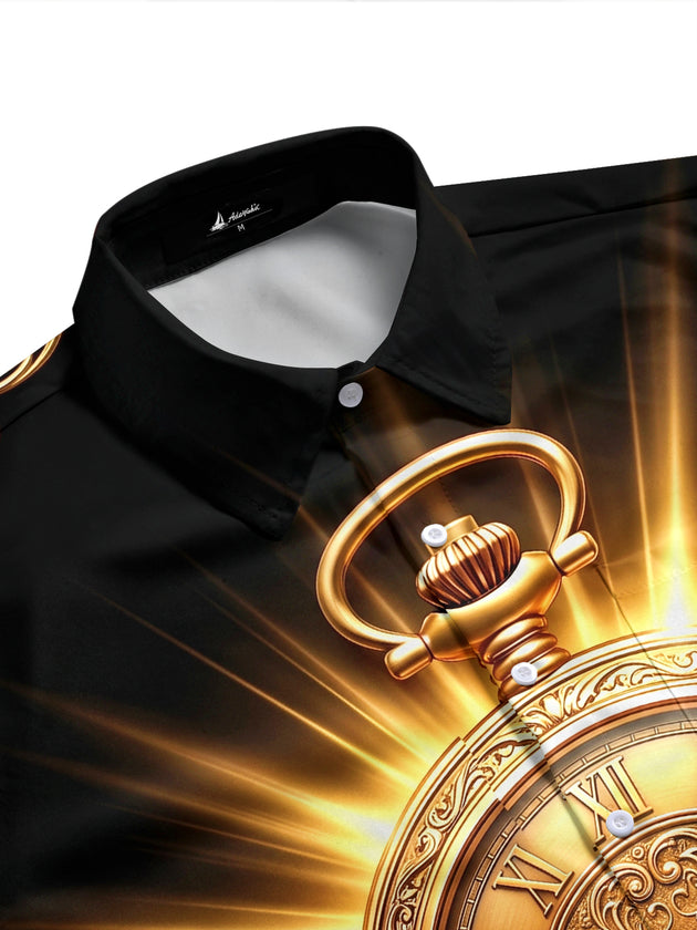 Adaychic Men's Vintage Style Golden Pocket Watch Print Short Sleeve Shirt with Chest Pocket