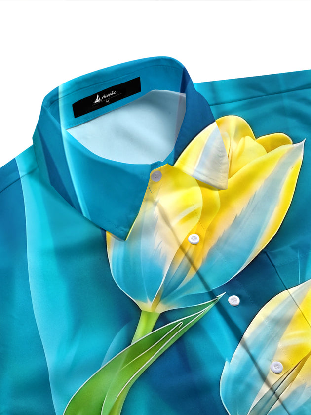 Adaychic Men's Hawaiian Yellow And Blue Floral Print Short Sleeve Shirt with Chest Pocket