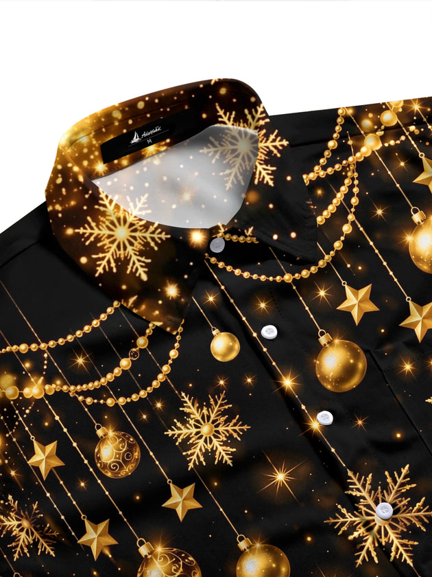 Adaychic Men's Christmas Snowflakes And Ornaments Print Long Sleeve Shirt with Chest Pocket