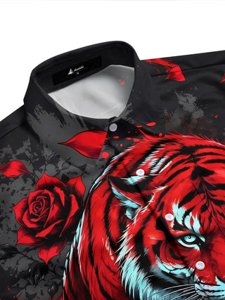 Adaychic Men's Hawaiian Red Tiger And Red Roses Print Short Sleeve Shirt with Chest Pocket
