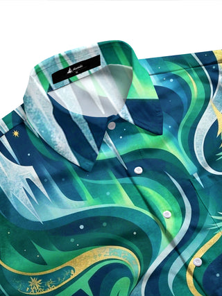 Adaychic Men's Long Sleeve Shirt - Aurora Borealis And Pine Trees With Icicles Print with Chest Pocket