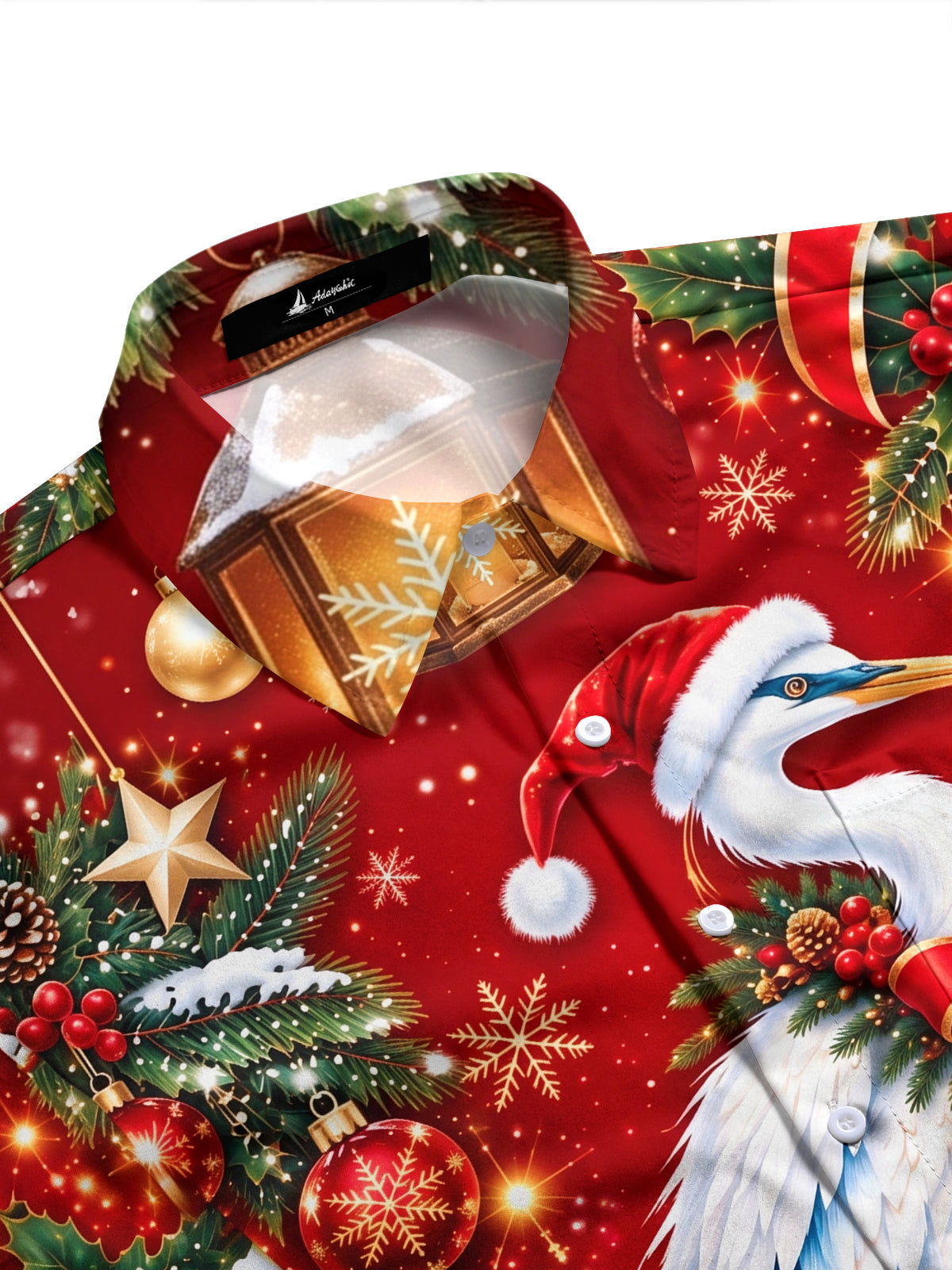 Adaychic Men's Hawaiian Christmas Crane And Ornaments Print Long Sleeve Shirt with Chest Pocket