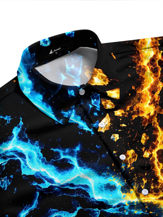 Adaychic Men's Abstract Fire And Ice Lightning Pattern Long Sleeve Shirt with Chest Pocket