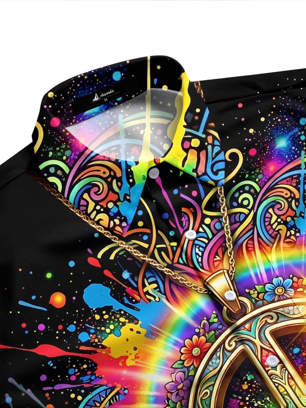 Adaychic Men's Retro Rainbow Peace Symbol Print Long Sleeve Shirt with Chest Pocket