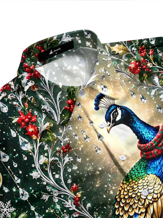 Adaychic Men's Printed Christmas Peacock Print Long Sleeve Shirt with Chest Pocket