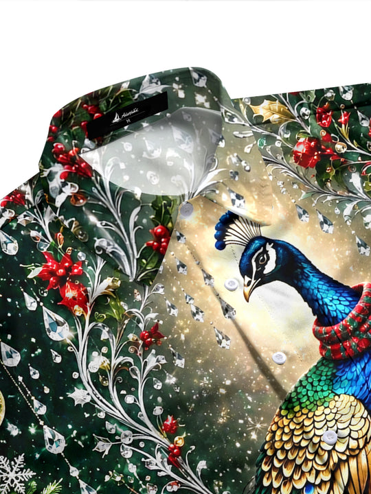 Adaychic Men's Printed Christmas Peacock Print Long Sleeve Shirt with Chest Pocket