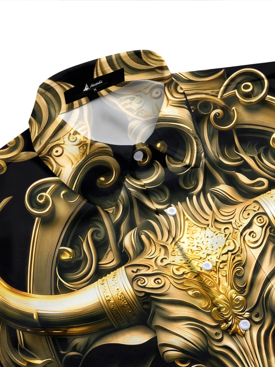 Adaychic Men's Graphic Gold Bull Head Print Short Sleeve Shirt with Chest Pocket