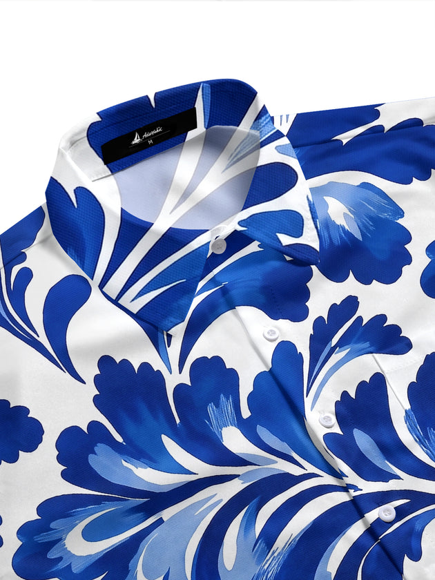 Adaychic Men's Hawaiian Blue Floral Print Short Sleeve Shirt with Chest Pocket