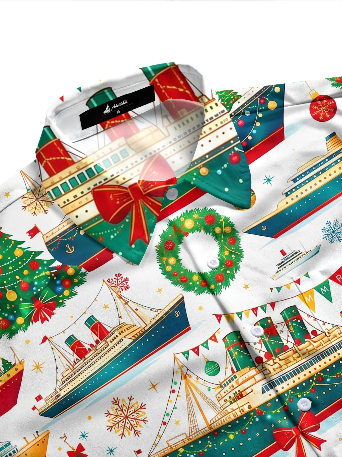 Adaychic Men's Long Sleeve Shirt - Christmas Cruise Ships And Holiday Ornaments Print with Chest Pocket