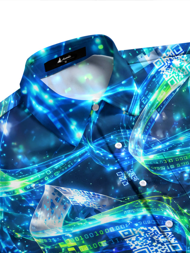Adaychic Men's Abstract Digital Code And QR Codes Print Long Sleeve Shirt with Chest Pocket