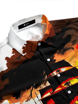 Adaychic Men's Printed Sailing Ship Sunset Print Long Sleeve Shirt with Chest Pocket