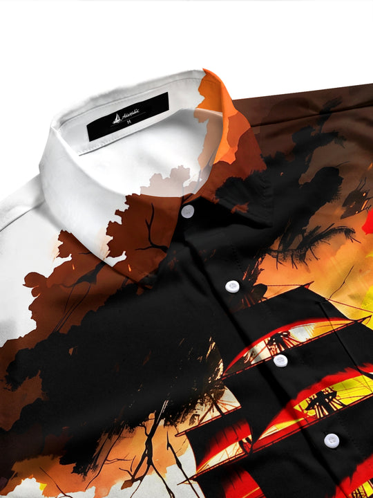 Adaychic Men's Printed Sailing Ship Sunset Print Long Sleeve Shirt with Chest Pocket