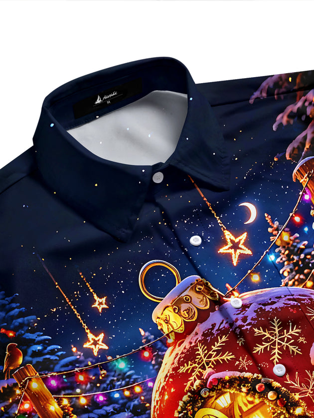 Adaychic Men's Graphic Christmas Bauble Cottage Print Long Sleeve Shirt with Chest Pocket