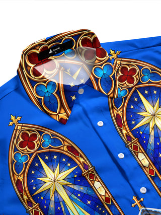 Adaychic Men's Long Sleeve Shirt - Christmas Gothic Church Stained Glass Windows And Snowy Landscape Print with Chest Pocket