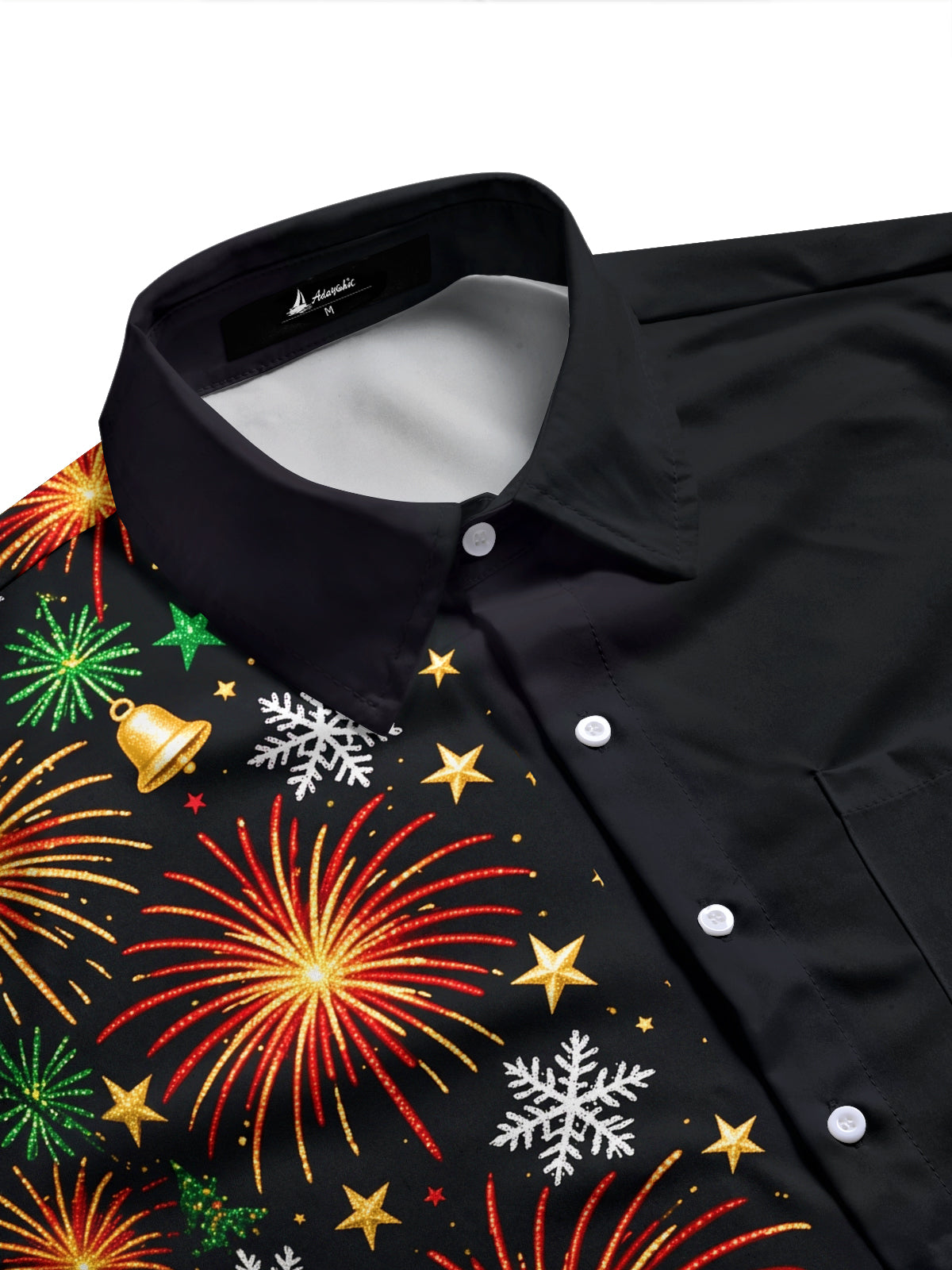 Adaychic Men's Christmas Fireworks And Christmas Trees Print Long Sleeve Shirt with Chest Pocket