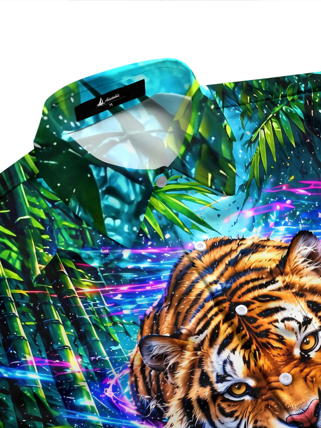 Adaychic Men's Hawaiian Tiger Head And Paw Print Long Sleeve Shirt with Chest Pocket