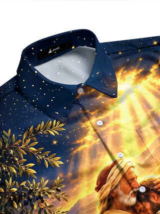 Adaychic Men's Printed Biblical Prodigal Son Embrace Print Long Sleeve Shirt with Chest Pocket