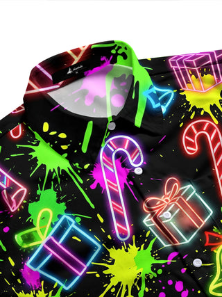 Adaychic Men's Long Sleeve Shirt - Christmas Neon Candy Canes And Gift Boxes Print with Chest Pocket