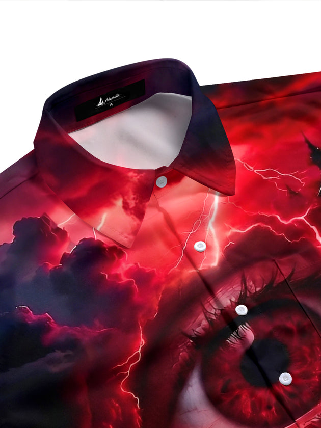Adaychic Men's Graphic Giant Red Eye Print Dark Castle Print Short Sleeve Shirt with Chest Pocket