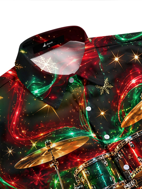 Adaychic Men's Christmas Drum Set And Snowflakes Print Long Sleeve Shirt with Chest Pocket