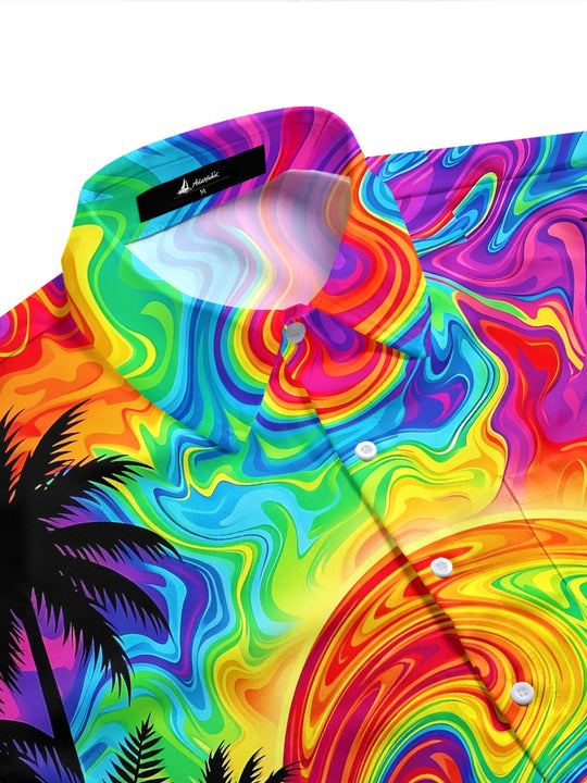 Adaychic Men's Short Sleeve Shirt - Psychedelic Rainbow Sunset With Palm Trees And Beach Huts Print with Chest Pocket