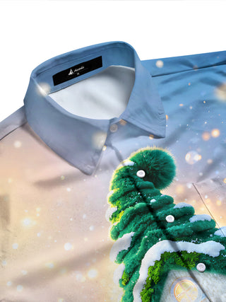 Adaychic Men's Long Sleeve Shirt - Winter Cabin With Snowy Christmas Tree Roof Print with Chest Pocket
