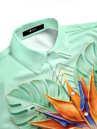 Adaychic Men's Short Sleeve Shirt - Bird Of Paradise Flower And Monstera Leaves Print with Chest Pocket