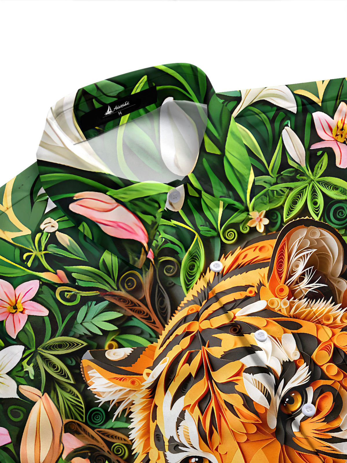 Adaychic Men's Hawaiian 3D Relief Tiger Face Print Short Sleeve Shirt with Chest Pocket