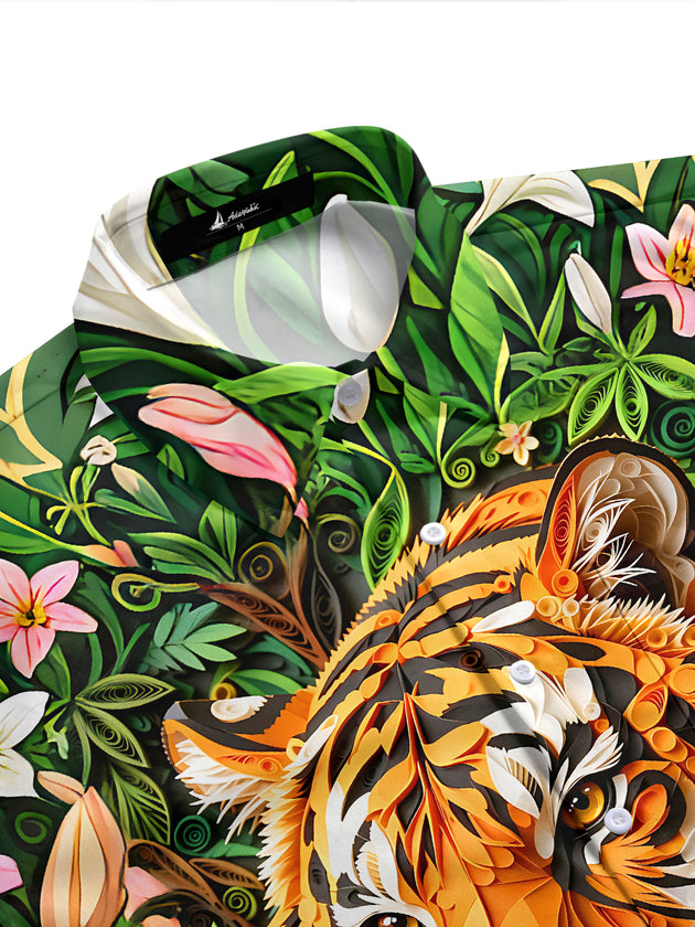 Adaychic Men's Hawaiian 3D Relief Tiger Face Print Short Sleeve Shirt with Chest Pocket