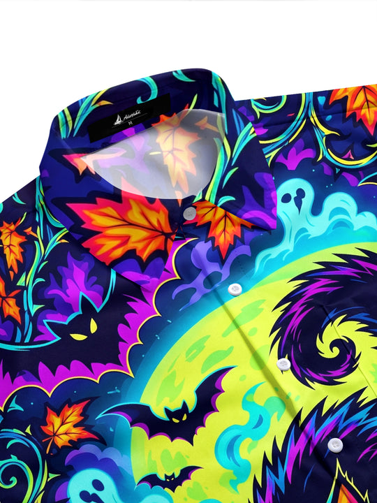 Adaychic Men's Hawaiian Halloween Black Cat And Ghosts Print Short Sleeve Shirt with Chest Pocket
