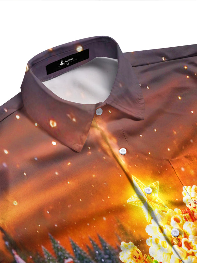 Adaychic Men's Long Sleeve Shirt - Popcorn Christmas Tree Character With Ornaments And Gifts Print with Chest Pocket