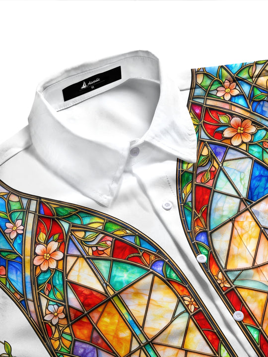 Adaychic Men's Stained Glass Window With Floral Vines Print Long Sleeve Shirt with Chest Pocket