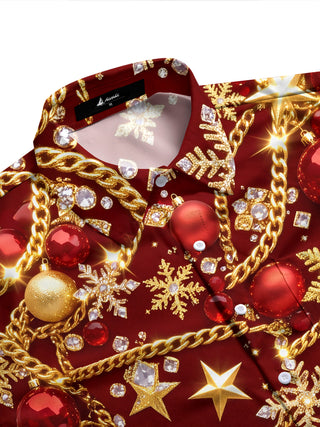 Adaychic Men's Christmas Ornaments And Snowflakes Print Long Sleeve Shirt with Chest Pocket