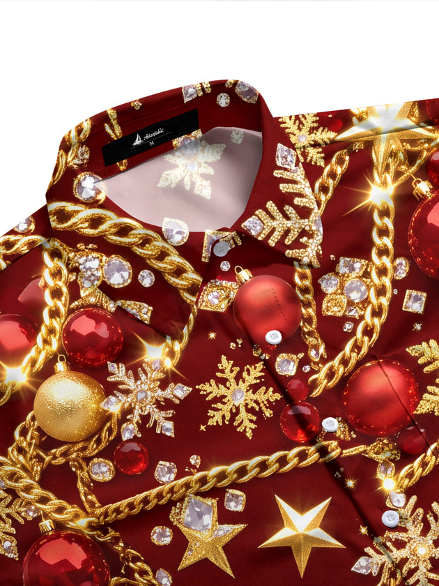 Adaychic Men's Christmas Ornaments And Snowflakes Print Long Sleeve Shirt with Chest Pocket